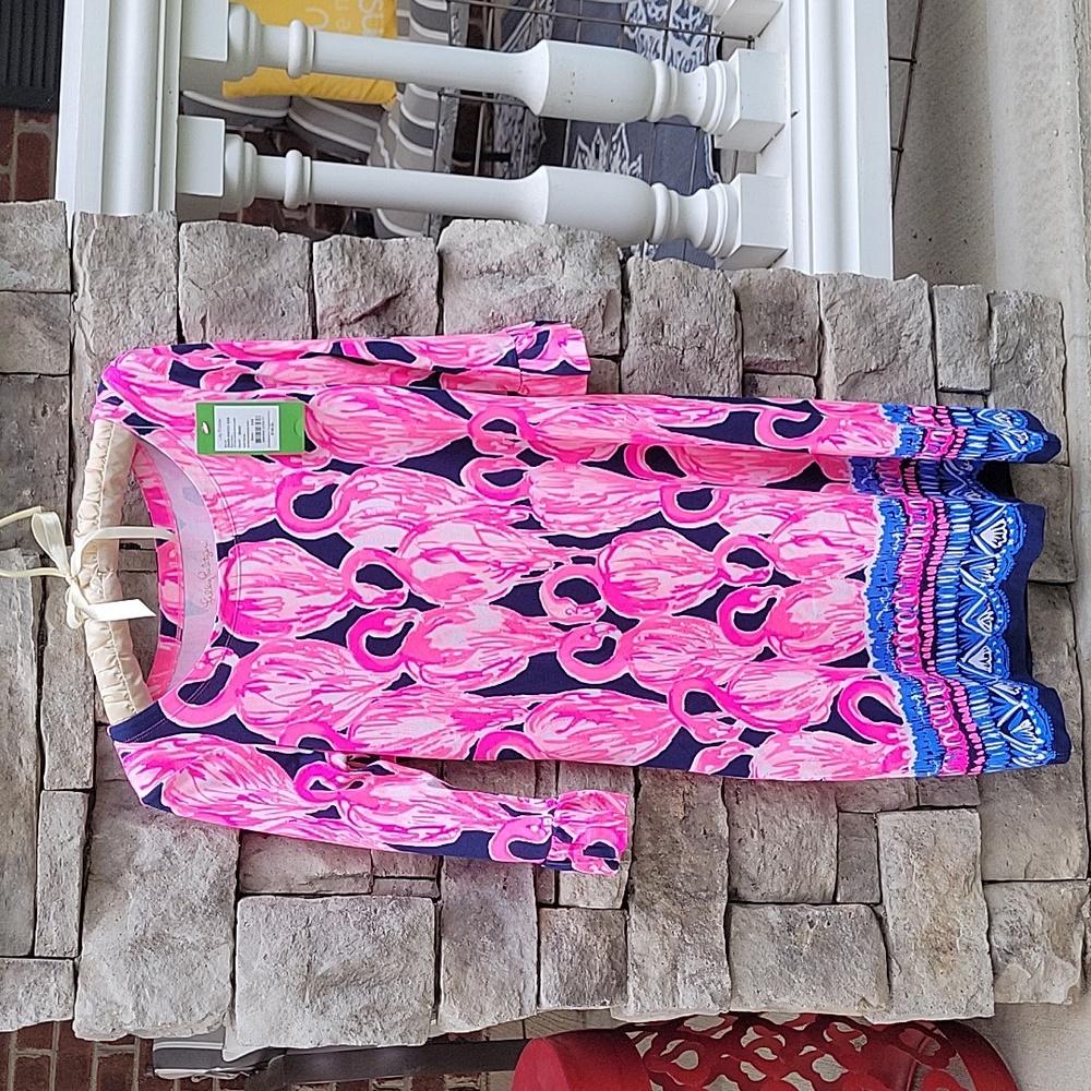 NWT Lilly Pulitzer UPF 50+ Sophie Ruffle Dress in High Tide Navy Via Amor